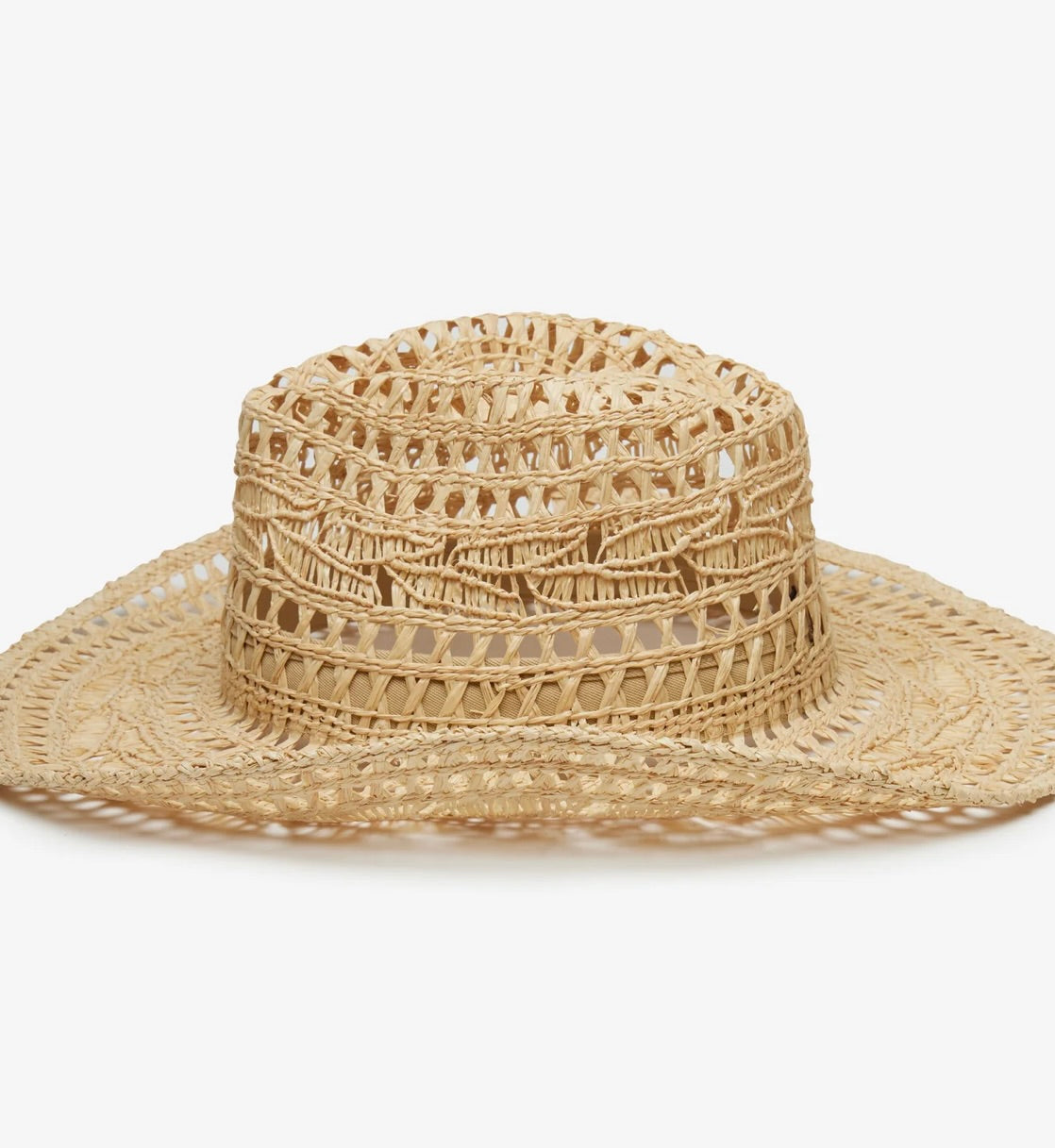 Natural Handwoven Raffia Straw Hat with Curved Brim & Pinched Crown
