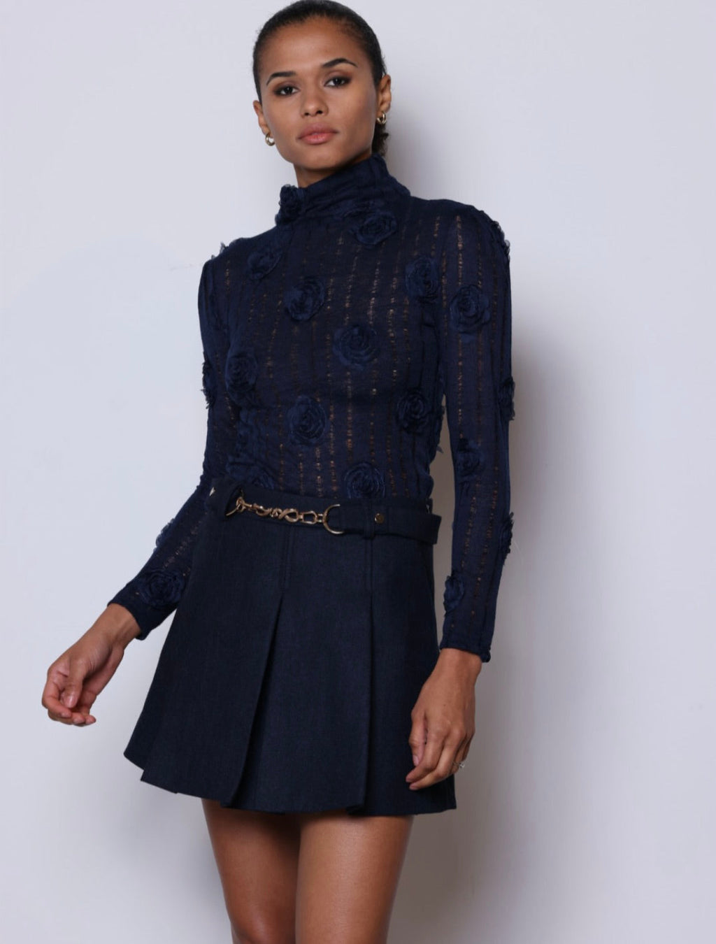 Navy Pleated Tweed Mini Skirt
