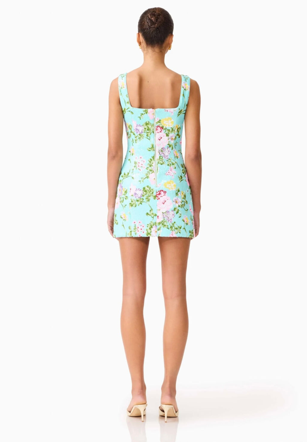 Mint Green Square-Neck Floral Sequin Mini Dress