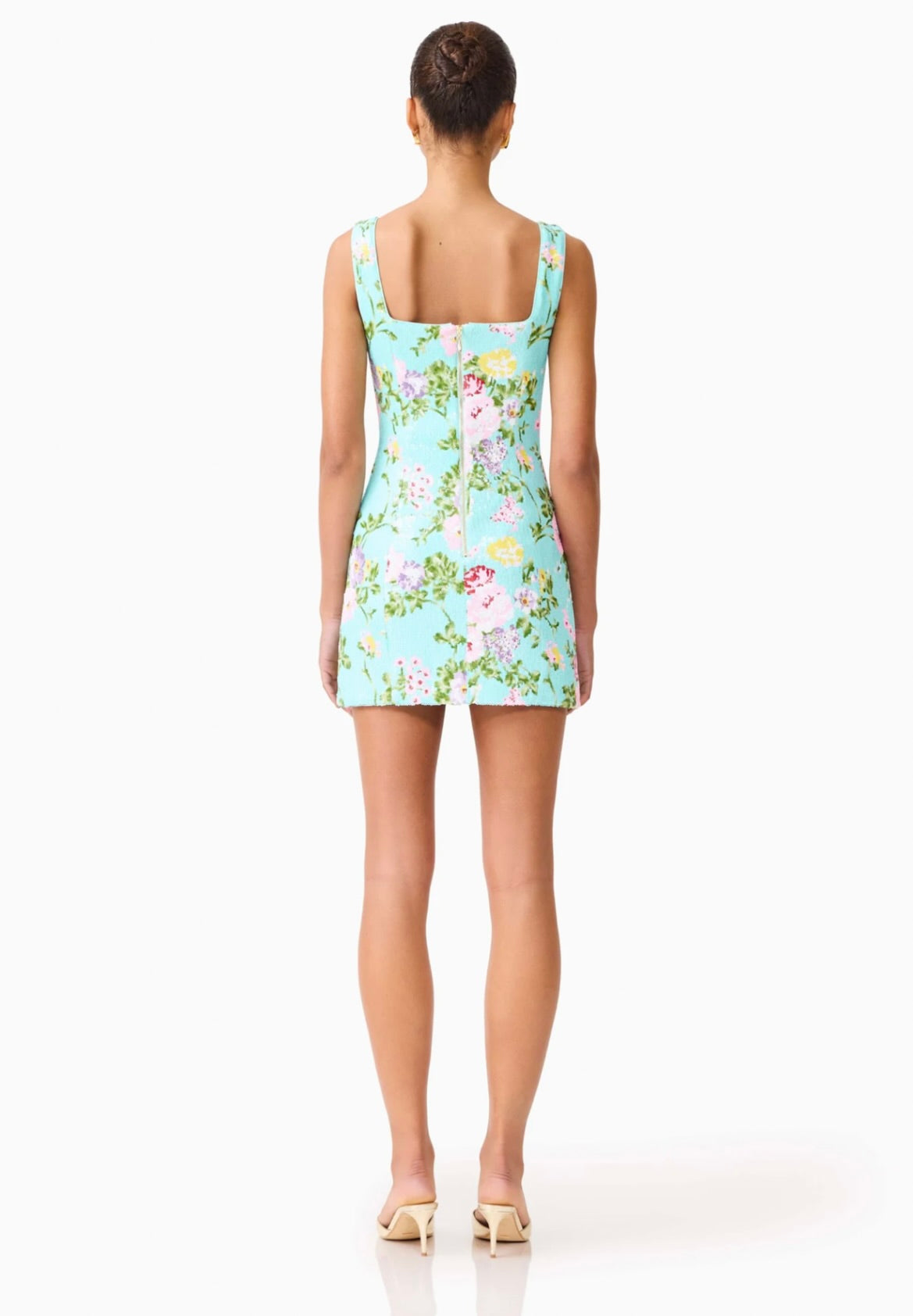Mint Green Square-Neck Floral Sequin Mini Dress