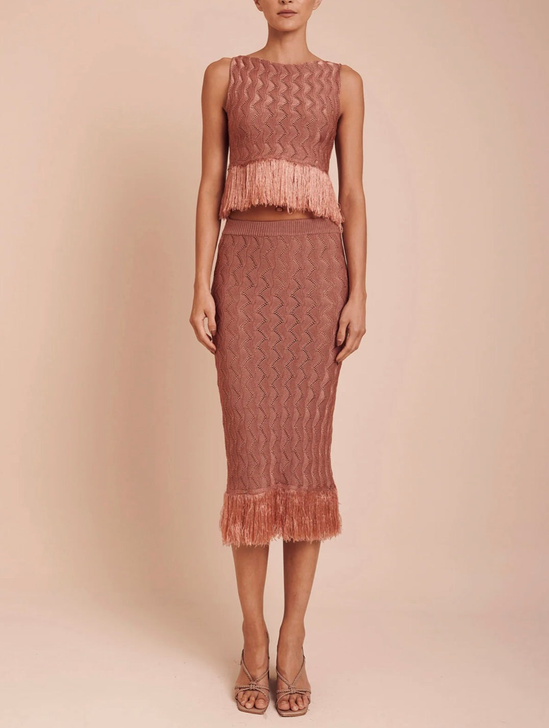 Rosewood Wavy Knit Fitted Midi Skirt with Fringe Hem