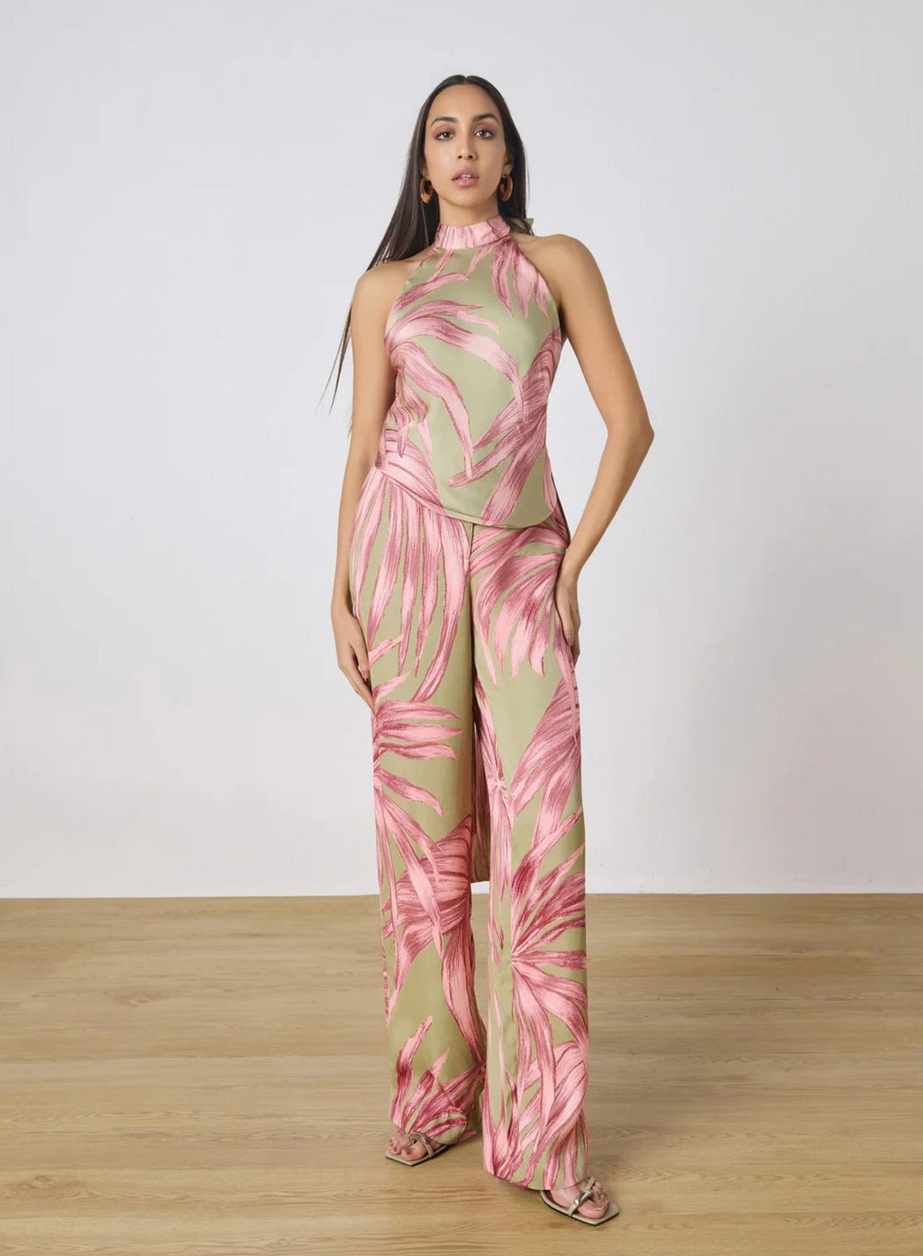 Organic Palm Leaf Pattern Fluid Drape All-Season Pants