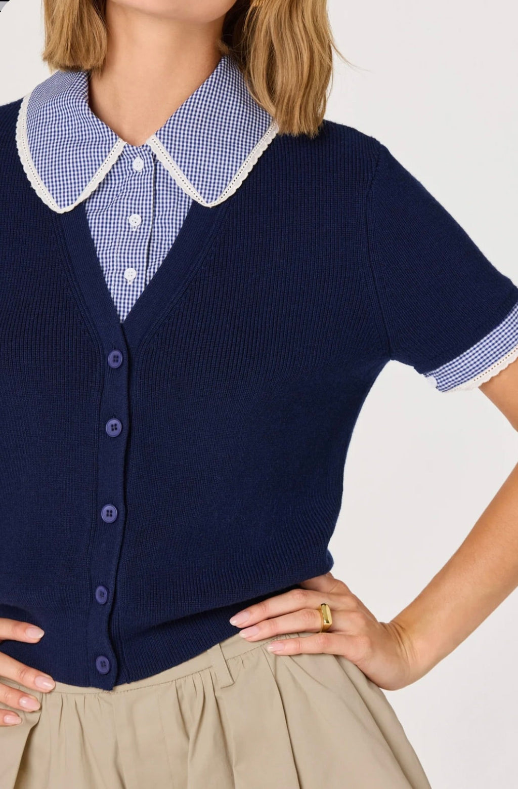 ‌Navy Gingham Collar Cardigan
