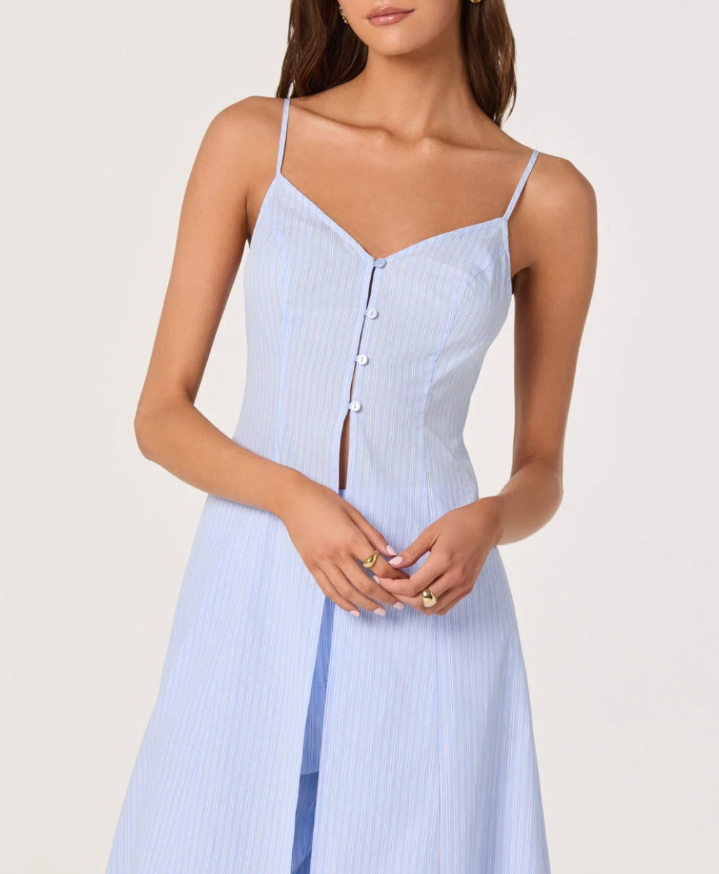 Blue Pinstripe Button-Front V-Neck Longline Tunic Top