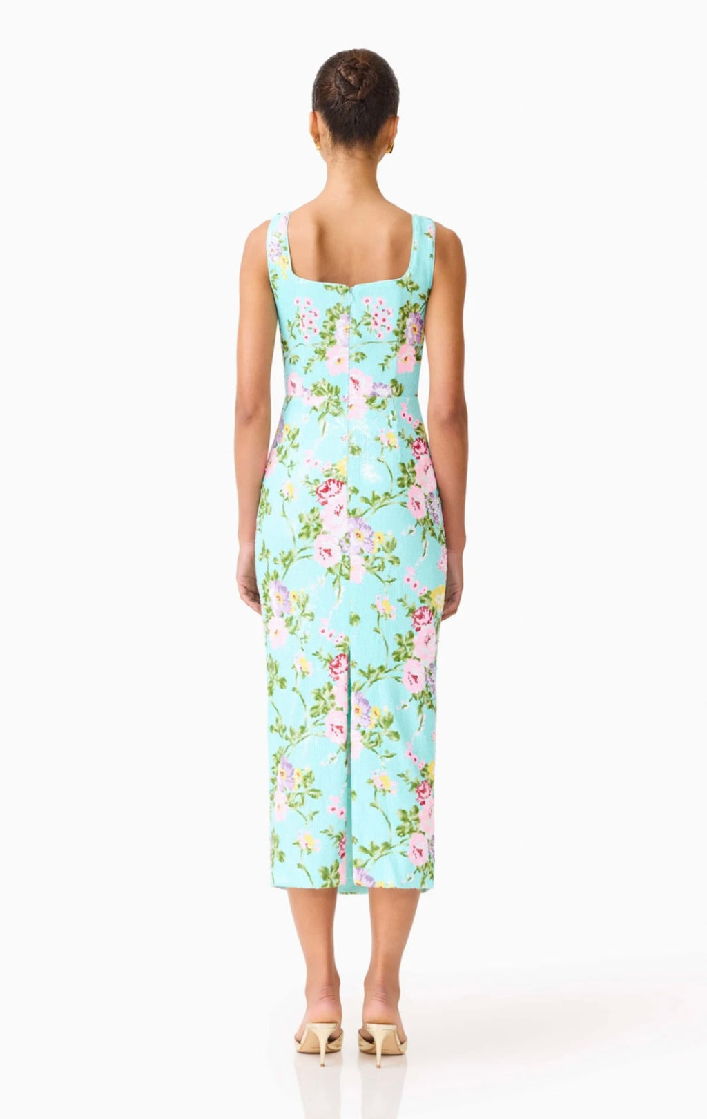 Mint Green Square-Neck Floral Sequin Midi Dress