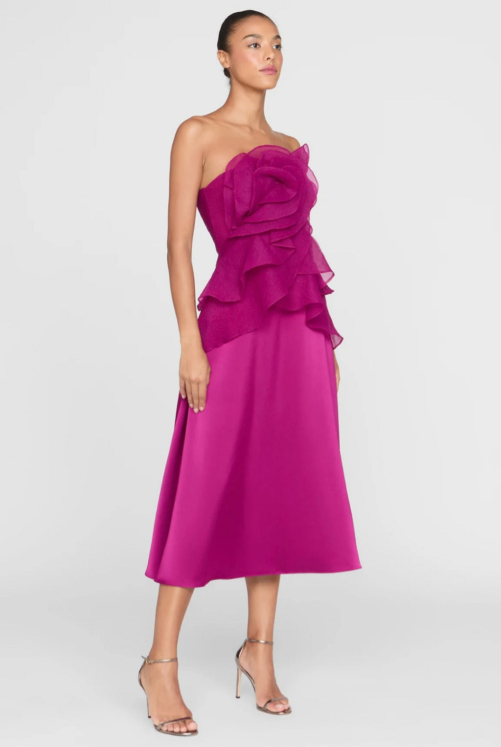 Below-Knee Double-Faced Satin Cascading Gown