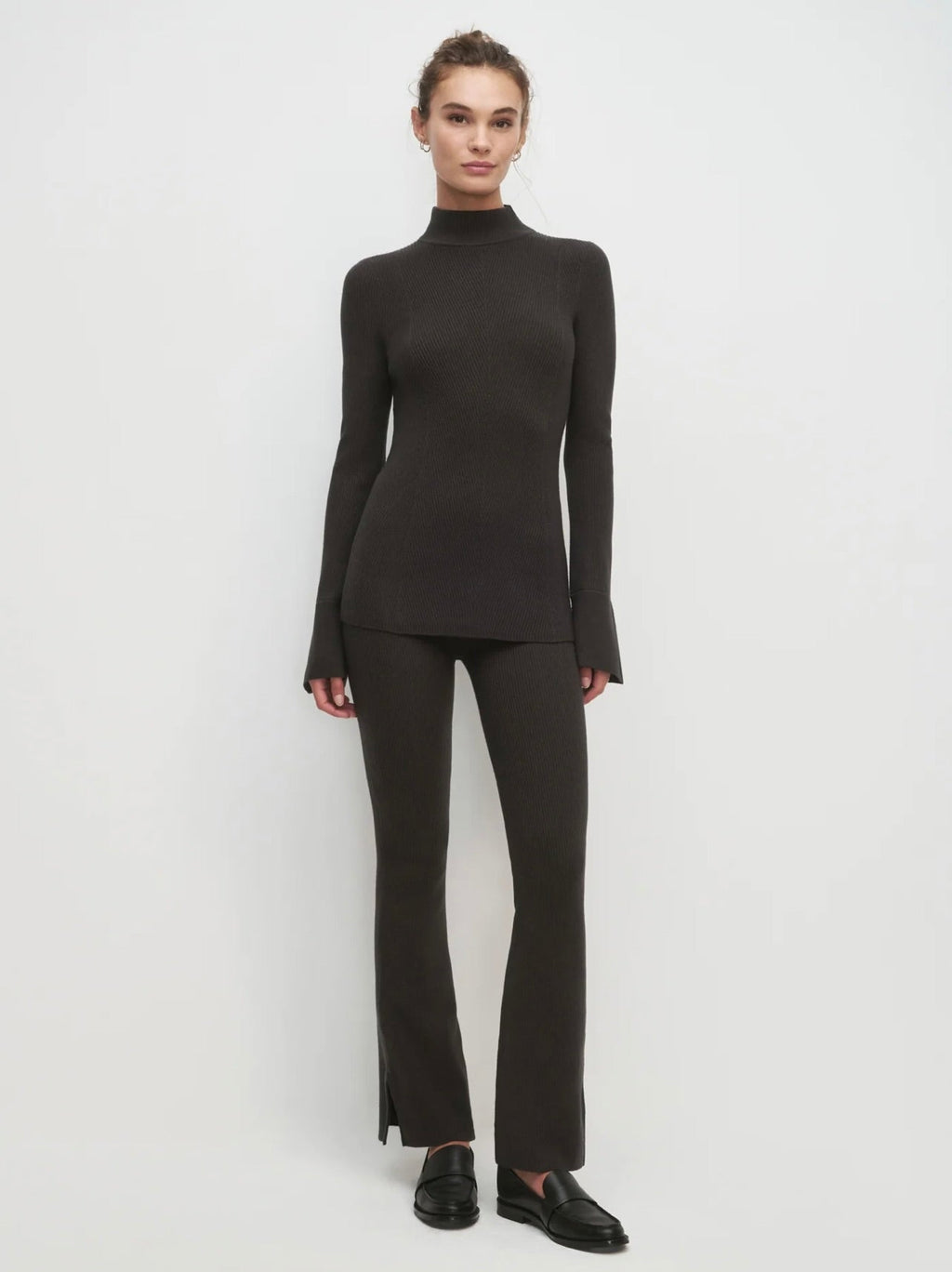 Charcoal High-Rise Rib-Knit Pull-On Pants