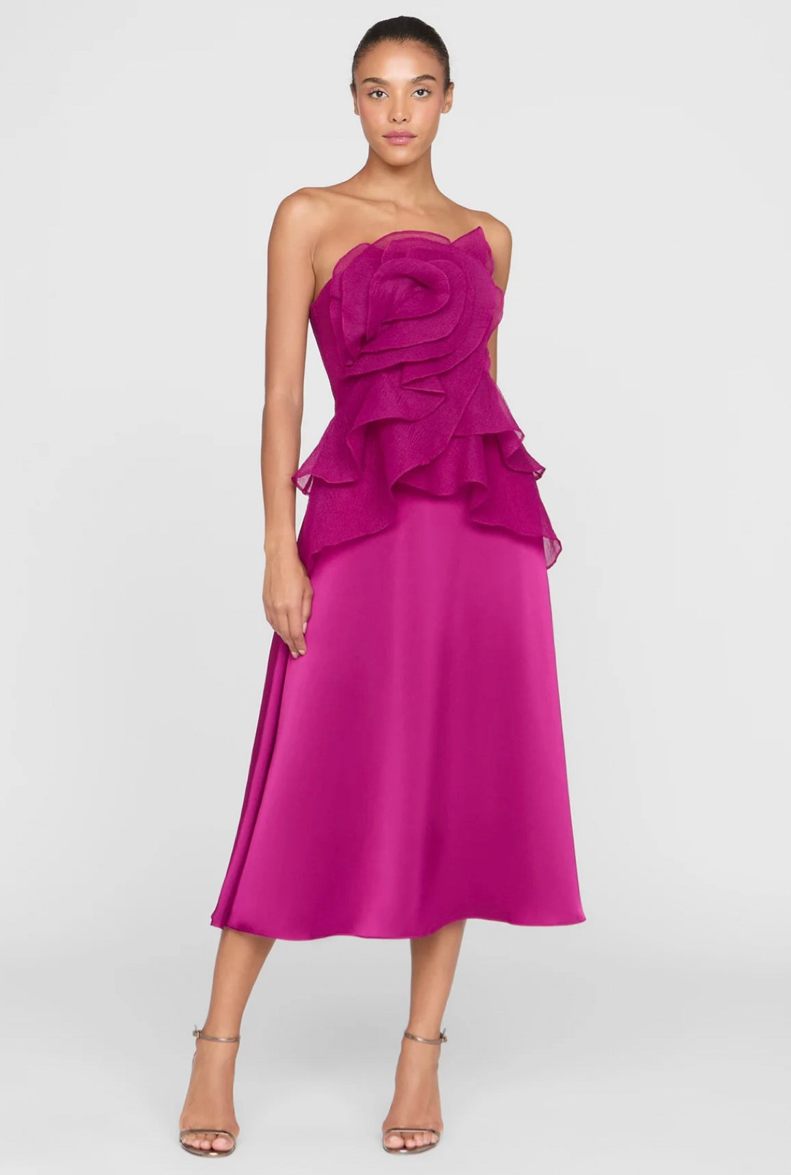 Below-Knee Double-Faced Satin Cascading Gown