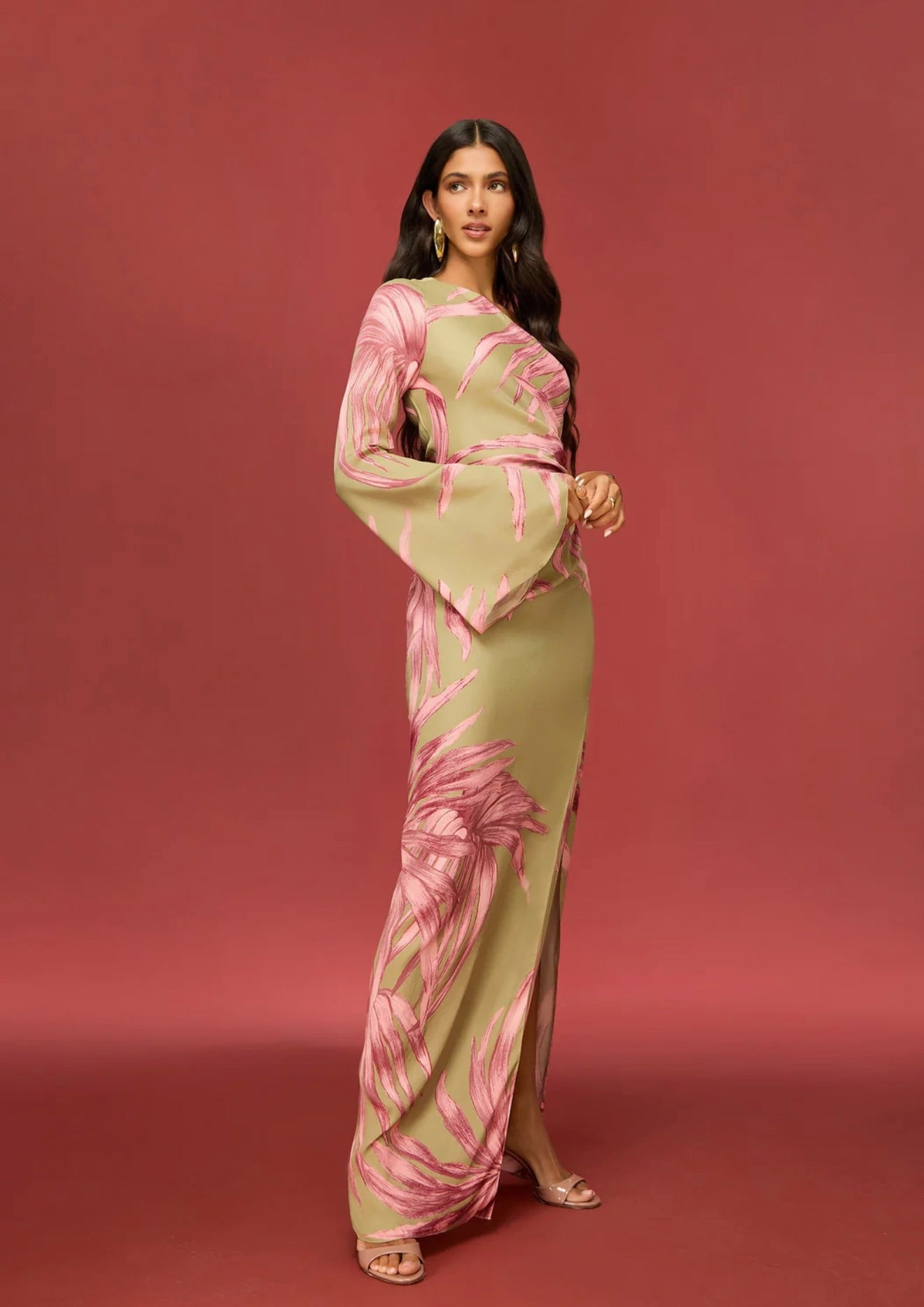 Green One-Shoulder Palm Dress