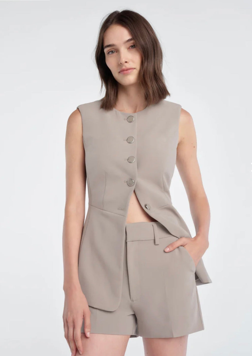 Soft Taupe Exposed Button Vest