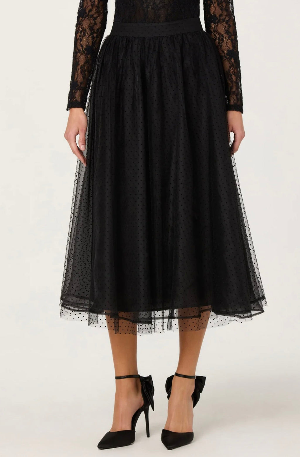 Black Tulle with Velvet Dot Motif A-Line Midi Skirt