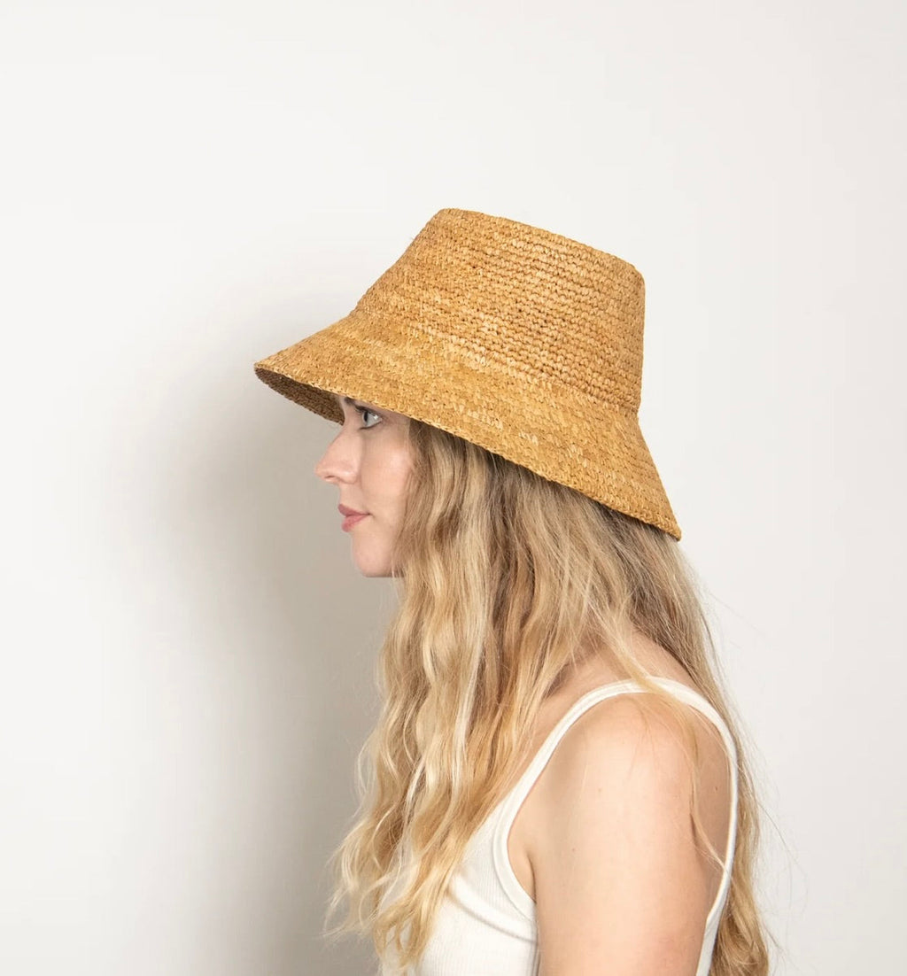Camel Hand-Crocheted Raffia Straw Telescope Crown Bucket Hat