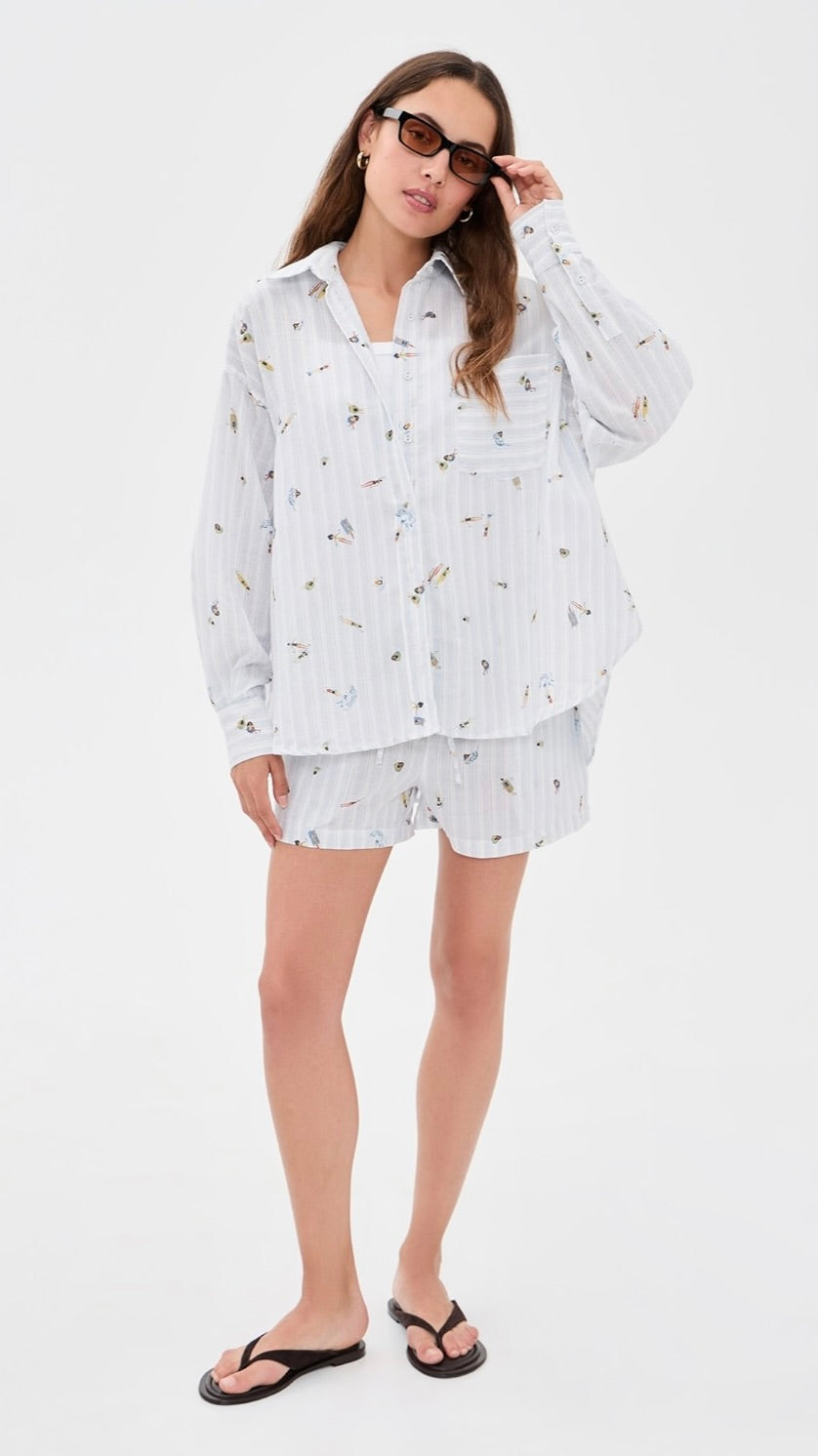 White Blue Multi Stripe Cotton-Polyester Button-Up Shirt
