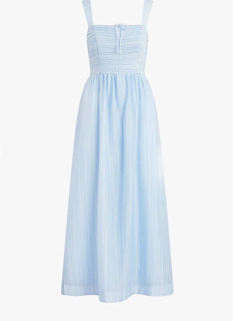 Sky Blue Pleated Bodice Adjustable Front-Tie Long Dress