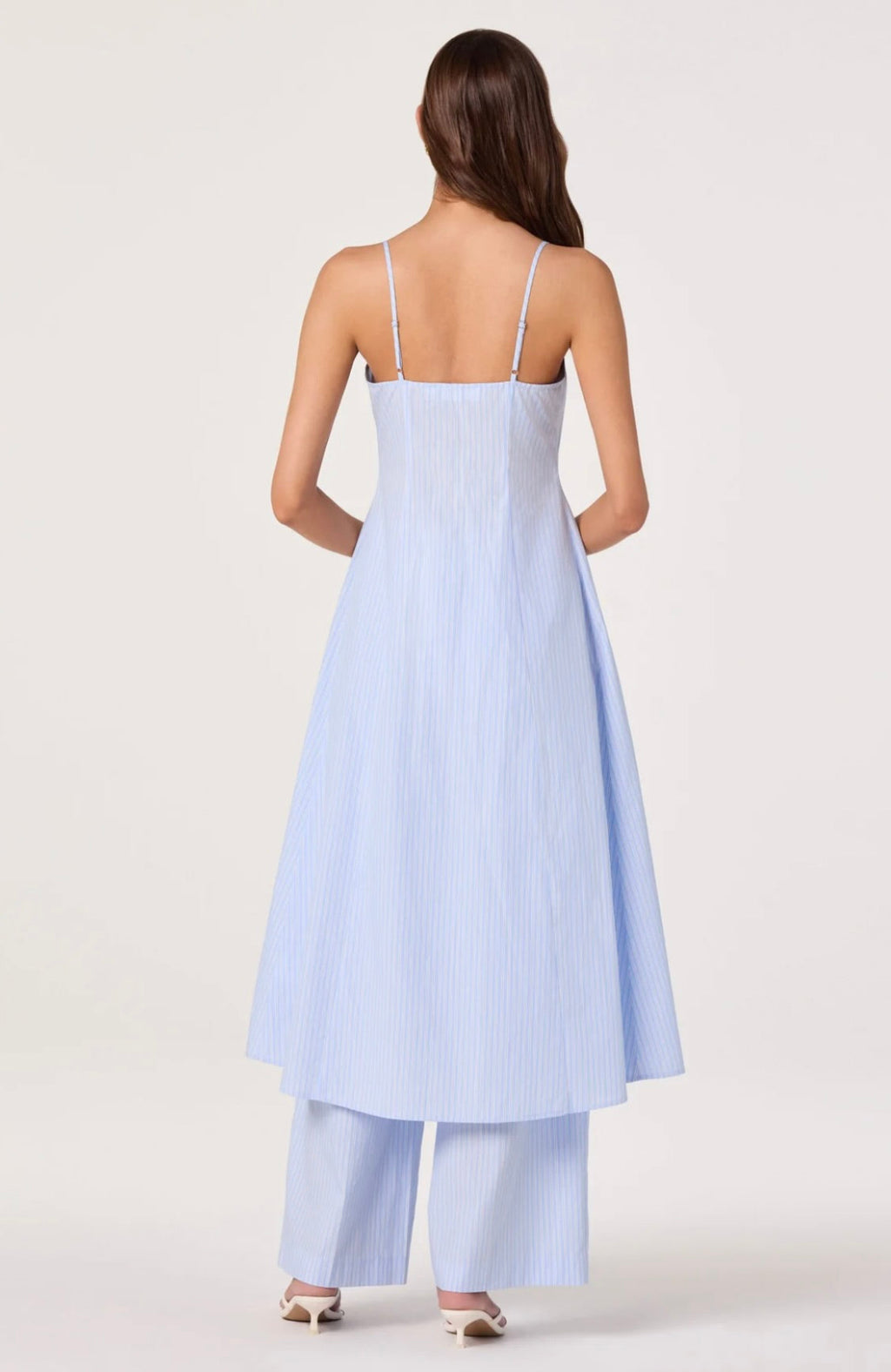 Blue Pinstripe Button-Front V-Neck Longline Tunic Top