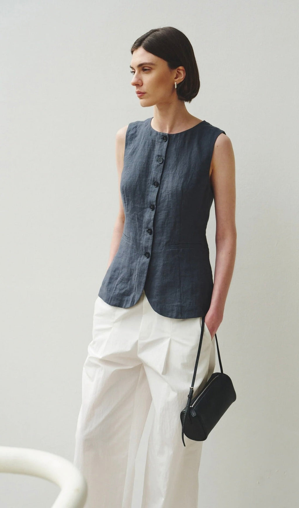 Slate Button-Front Tie-Waist Cotton Top