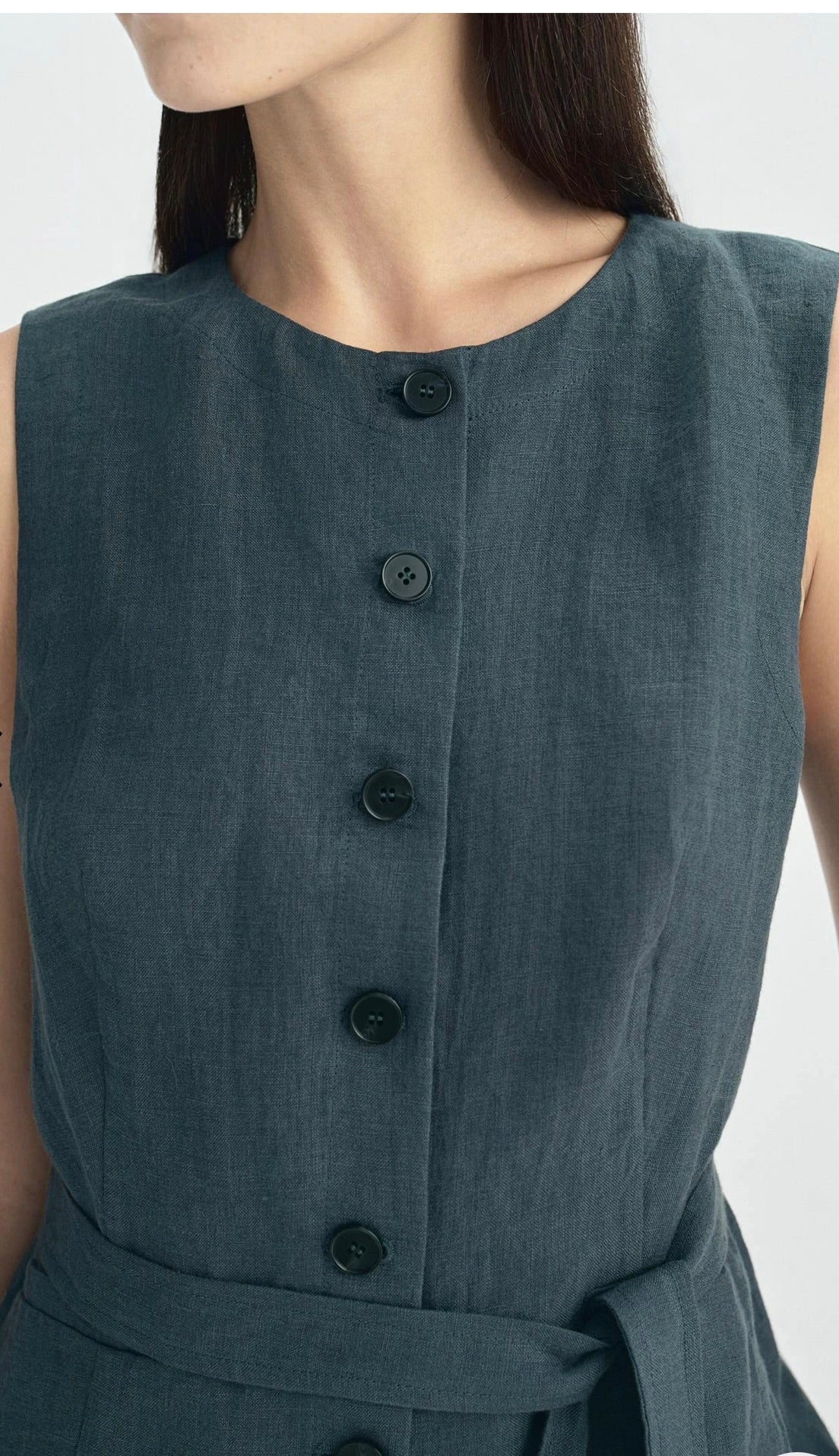 Slate Button-Front Tie-Waist Cotton Top