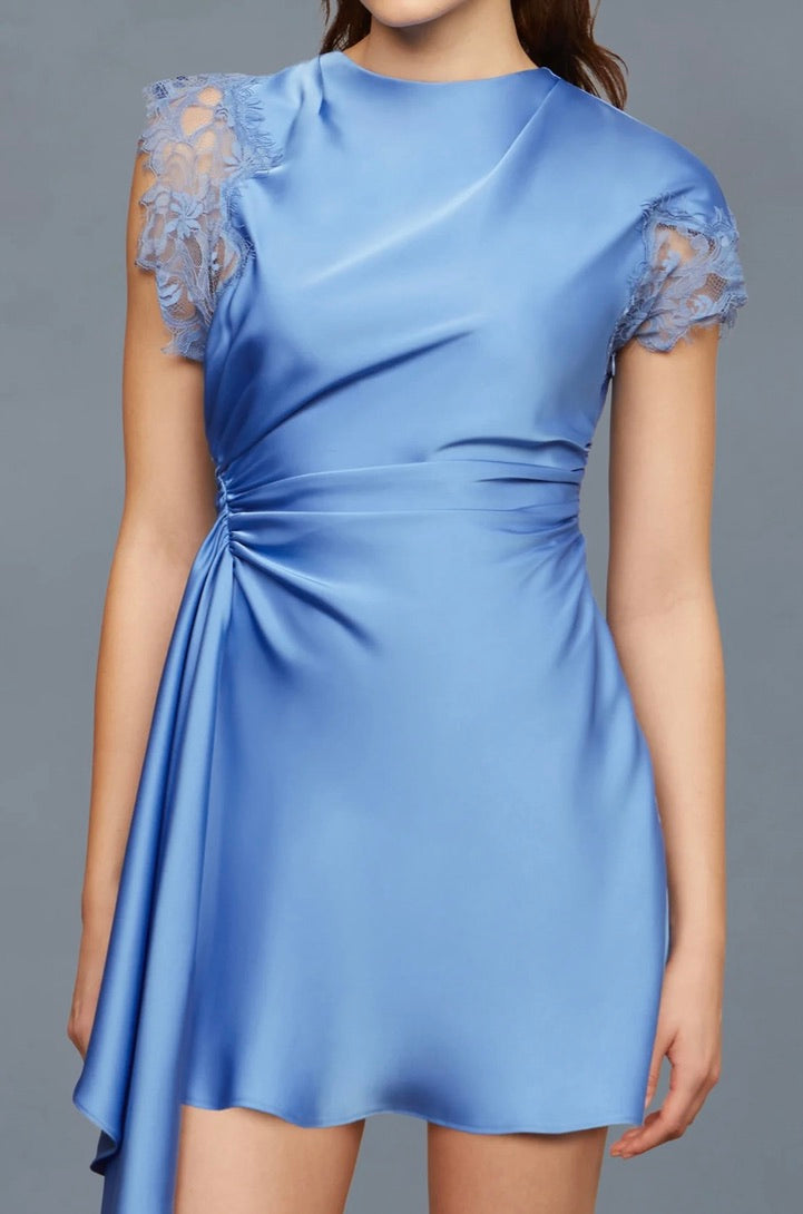 Cerulean Mist Sheer Lace Cap Sleeve Side-Drape Mini with Waist Ruching