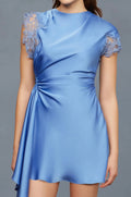 Cerulean Mist Sheer Lace Cap Sleeve Side-Drape Mini with Waist Ruching