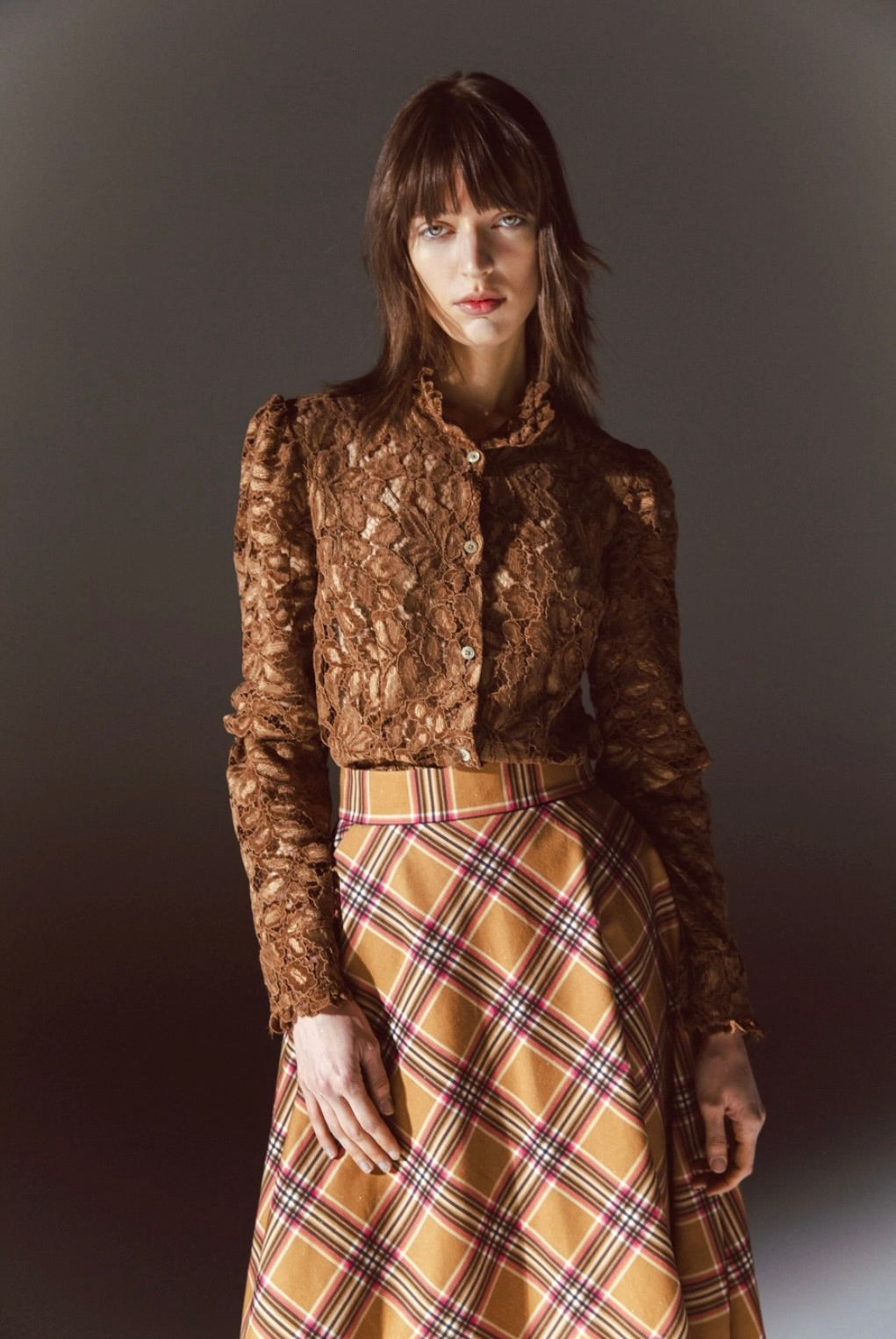 High-Rise Camel Midi Checkered Skirt